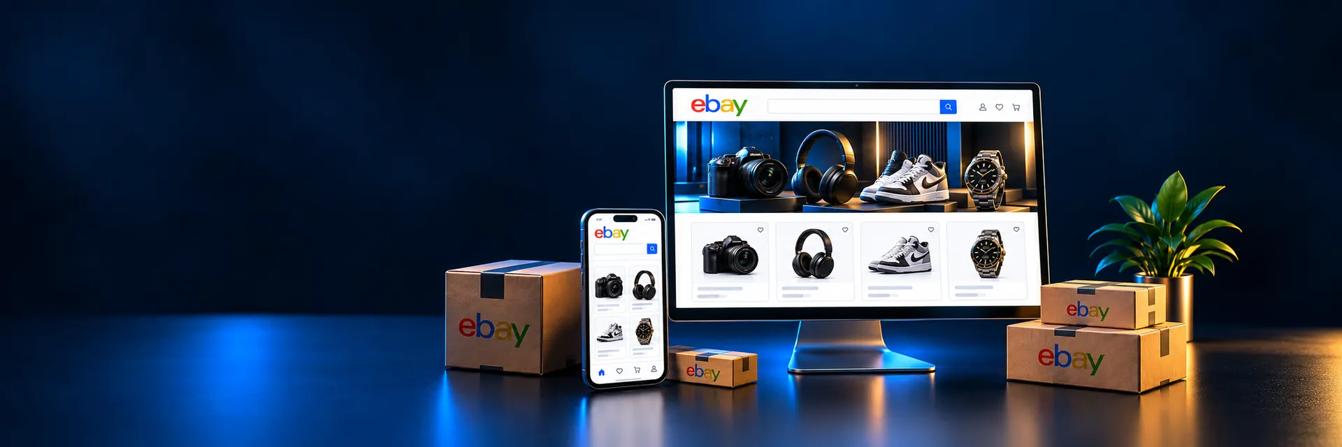 eBay store setup workspace with products and laptop