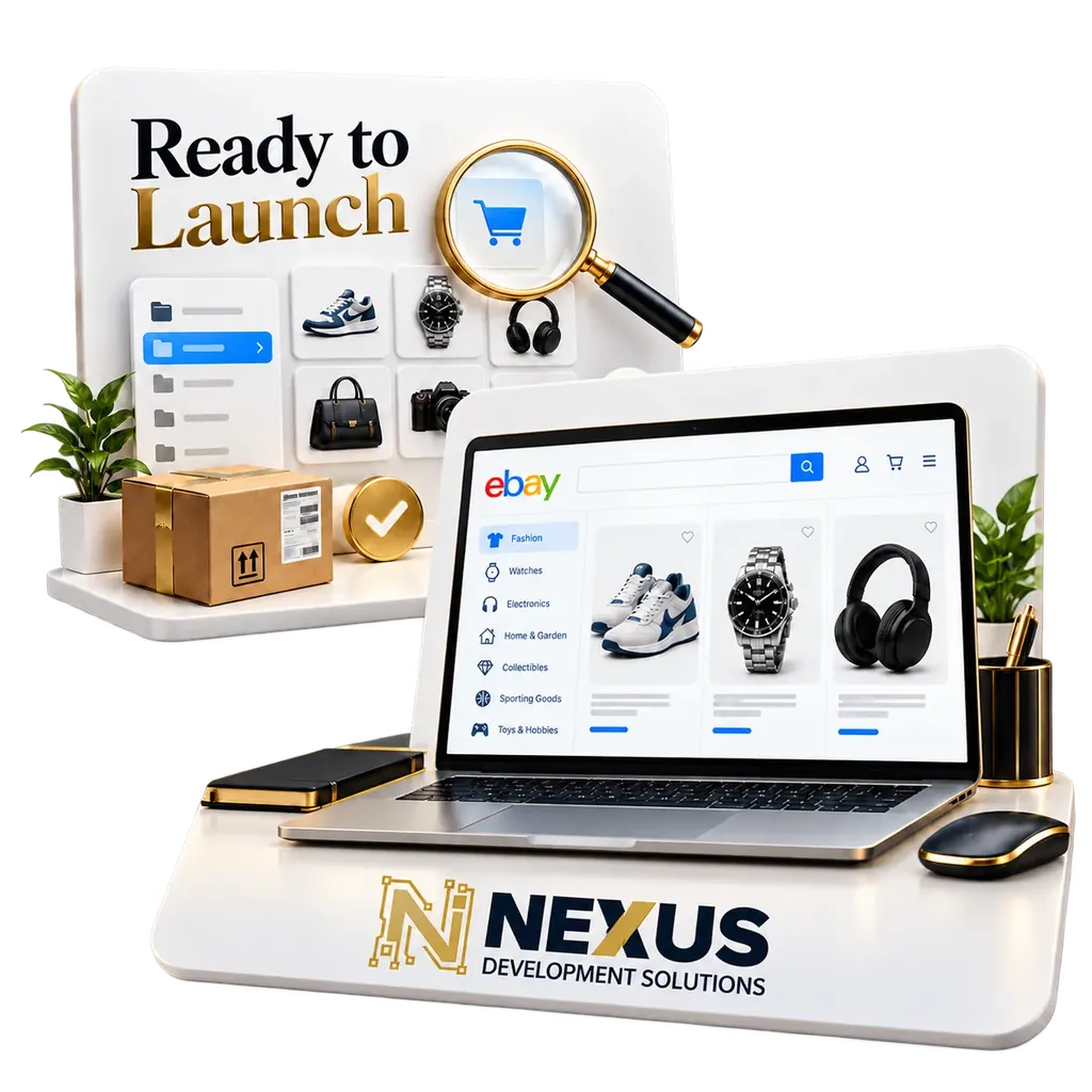 Launch-ready eBay listings and shipping illustration