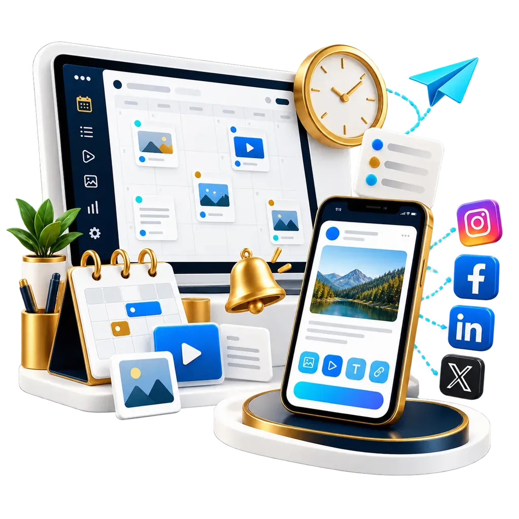 Social media posting and scheduling illustration by Nexus Development Solutions