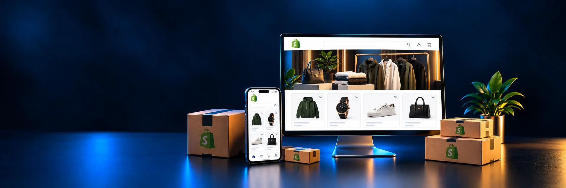 Shopify store being built on laptop and phone