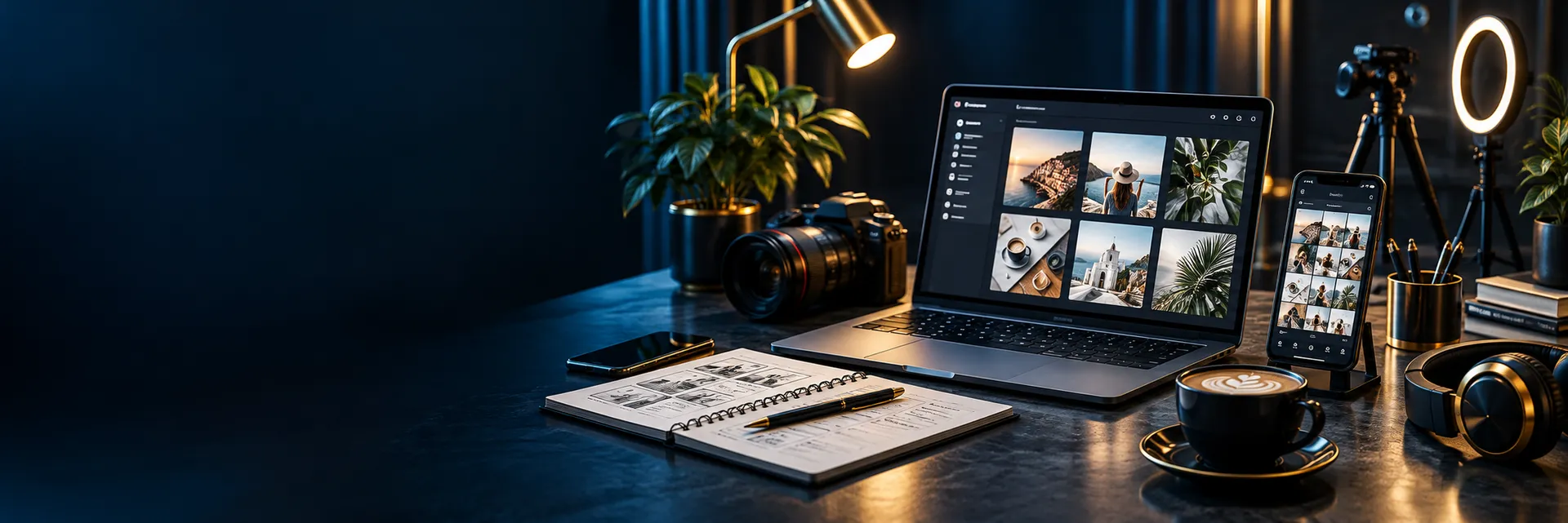 Social media content calendar and posts on phone